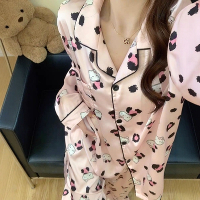 粉色豹纹HelloKitty冰丝睡衣女秋