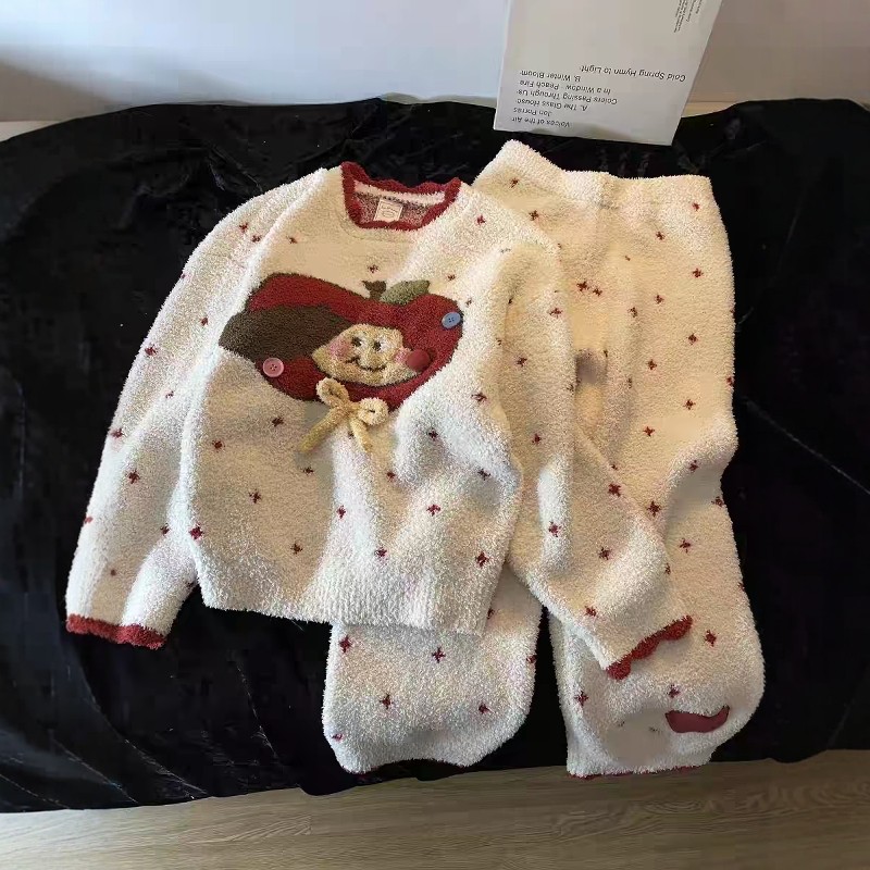 可爱卡通苹果小狗半边绒睡衣女冬季新款珊瑚绒加绒加厚家居服套装