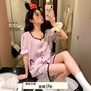 馨帮帮Homedress 甜美蕾丝边波点睡衣女款 夏可外穿舒适家居服套装