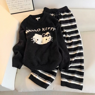 韩版kitty猫半边绒睡衣女2025新款秋冬季天加绒加厚珊瑚绒家居服