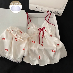 甜美蝴蝶结休闲家居服套装 冰丝睡衣女夏季 带胸垫红色樱桃吊带短裤