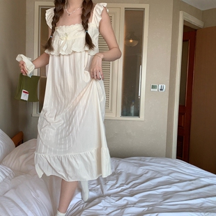 馨帮帮Homedress 轻薄舒适中长家居裙女 法式 蕾丝花边吊带睡裙夏季