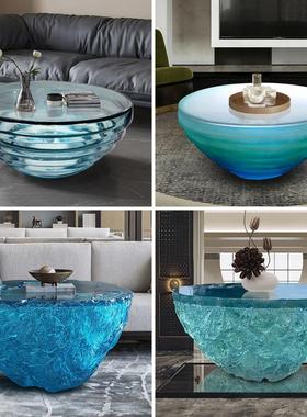 透明树脂茶几蓝色海洋圆桌酒店别墅家居客厅设计师款艺术茶几桌子