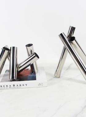 现代不锈钢管镜面花器摆件样板间客厅玄关创意三脚架干花插