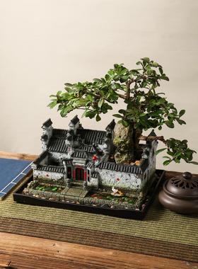 忆江南中式禅意桌面微景观植物小盆栽办公室盆景造景复古建筑摆件