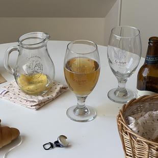 字母简约手绘郁金香玻璃杯小清新啤酒杯咖啡杯家用冷饮果汁杯 法式