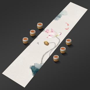 桌布荷花莲花防水茶桌布 长条桌旗中国风禅意茶席茶几棉麻布艺中式