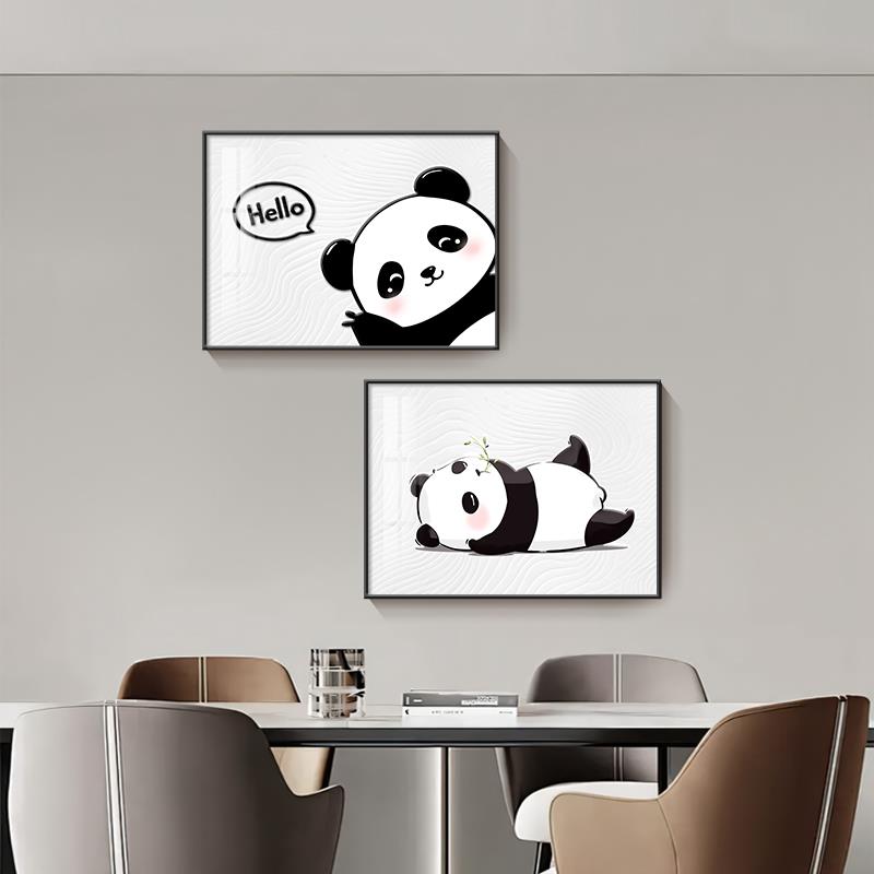 可爱熊猫餐厅装饰画治愈系电视柜摆画简约卡通动物餐桌背景墙挂画图片