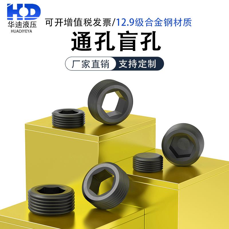 12.9级合金钢内六角堵头盲孔通孔丝堵油堵油塞PT1/8NPT1/4M10M12