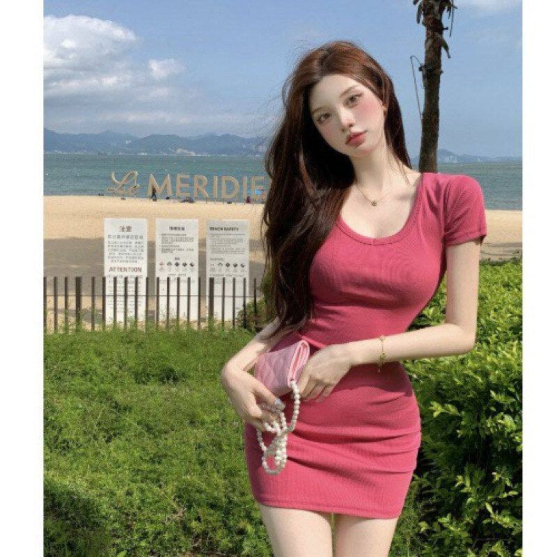 收腰纯欲风性感短裙短袖领显白小个子u包臀夏季裙女连衣裙修身t恤