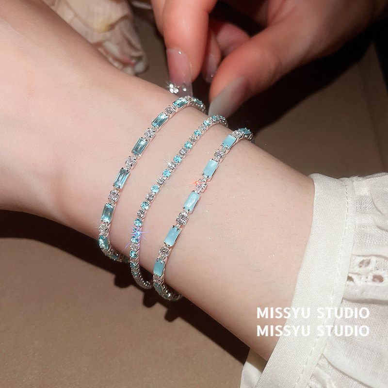 海蓝色旖旎手链手饰锆石手环小碧波轻奢高级感方形~清新甜美闪钻