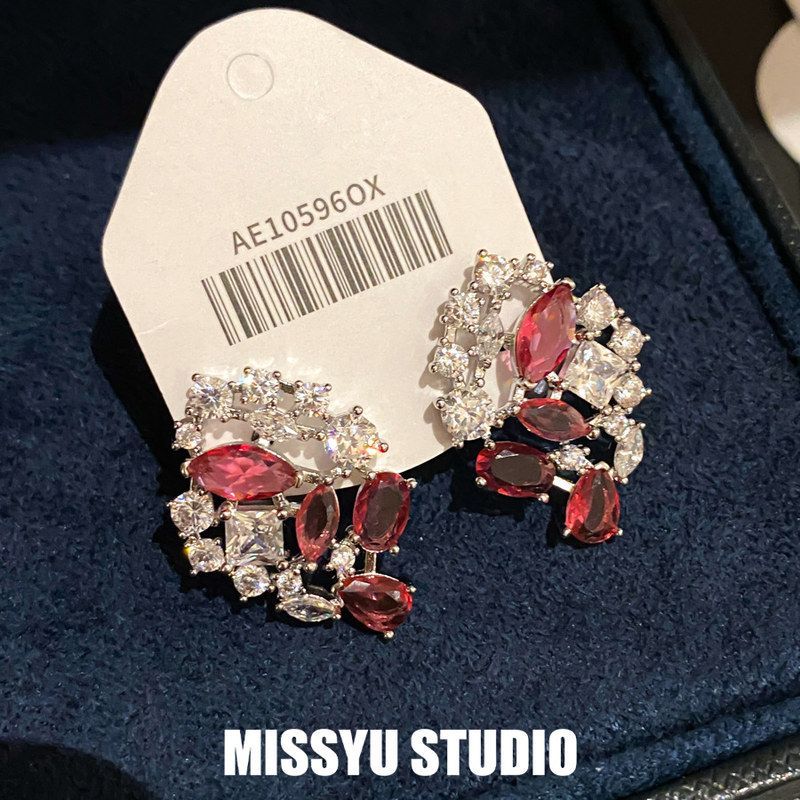 华丽！高级感耳饰红色轻奢小众花朵耳钉造型设计感锆石水滴耳环女