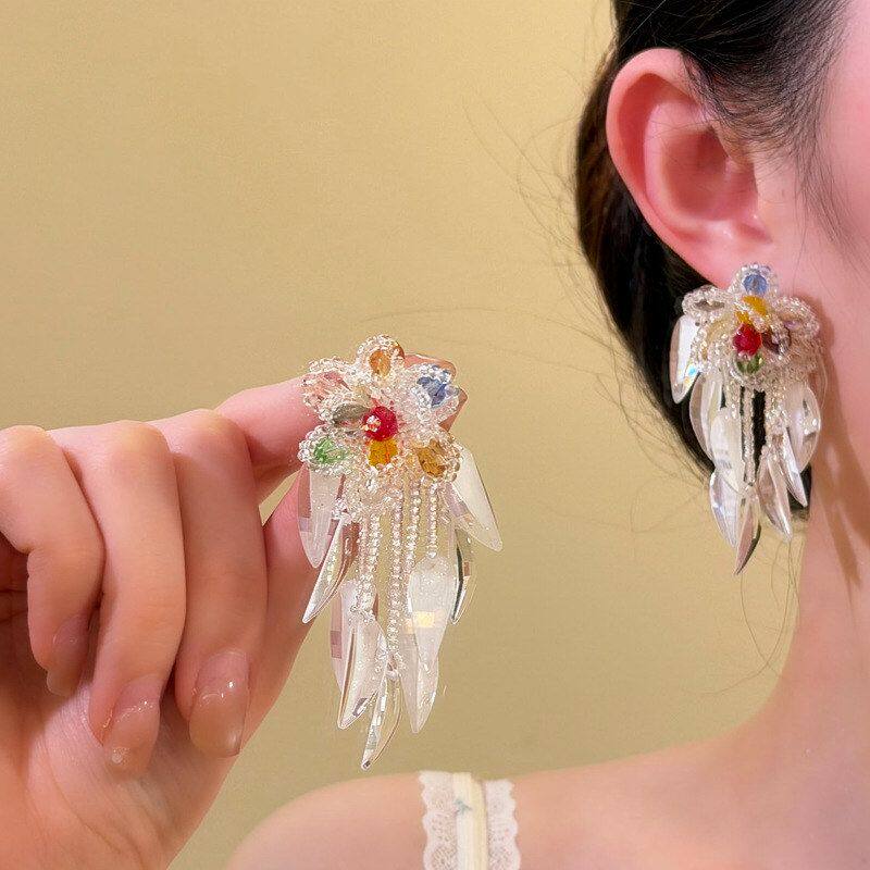 花朵银针流苏水晶波西米亚度假风高级感耳环轻奢耳饰树脂树叶耳钉