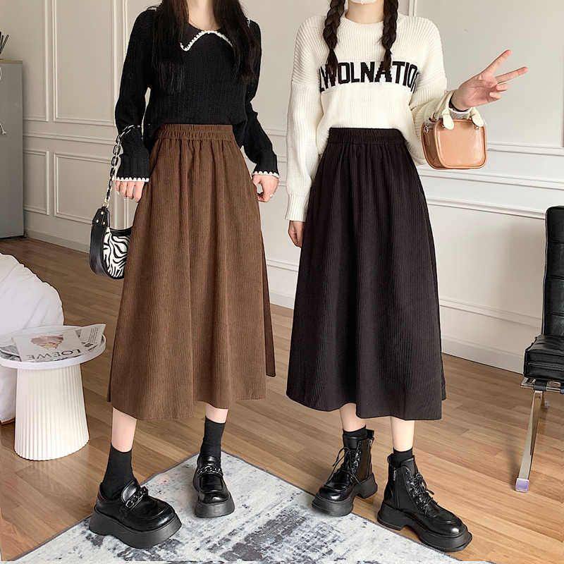 百褶裙款胖2024秋冬a半身裙女咖色大码半裙新款mm灯芯绒秋冬子字