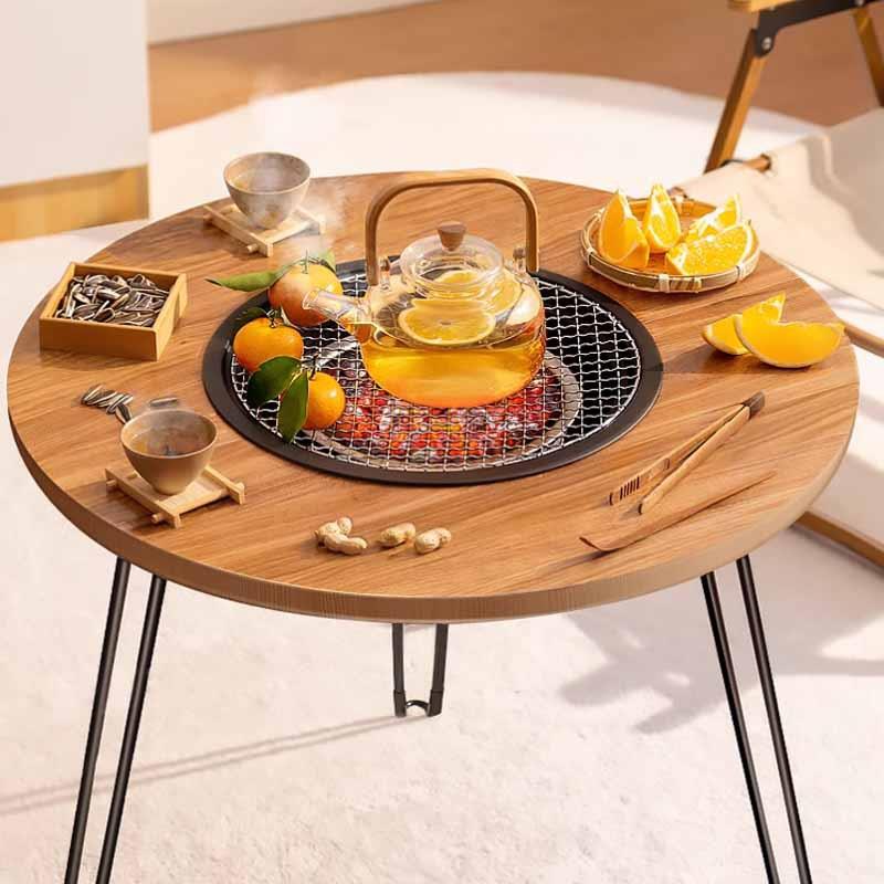 围炉煮茶桌椅可调温老榆木实木茶几炕桌多功能折叠民宿取暖烧烤桌