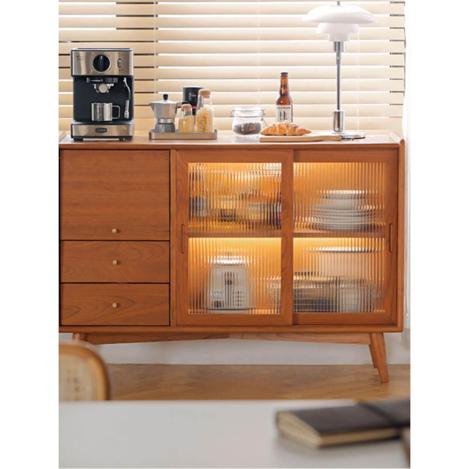 实木餐具柜全实木樱桃木餐厅北欧风格橱柜酒柜玻璃推拉门抽屉储物