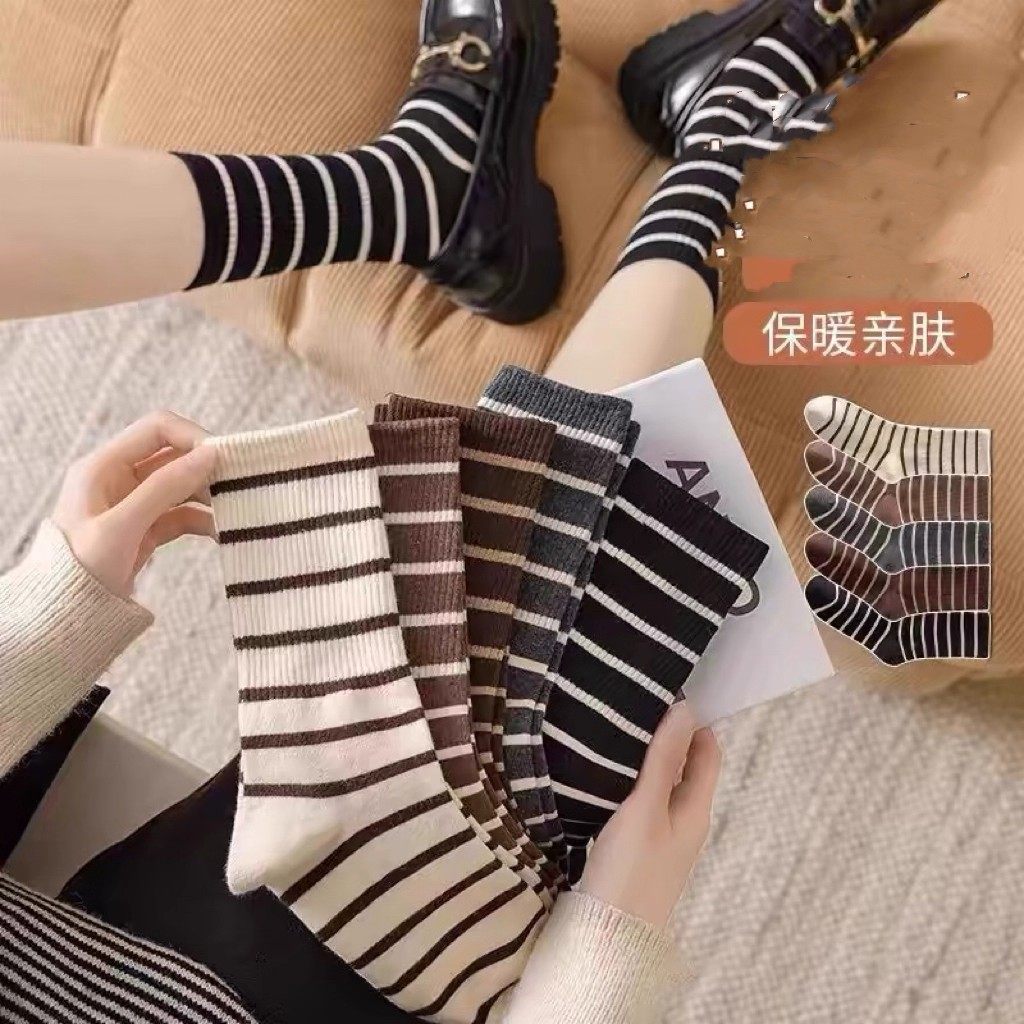 袜子女中筒袜ins潮日系可爱卡通条纹蝴蝶结刺绣长袜秋冬款堆堆袜