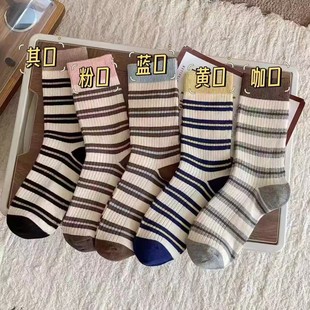 学院风条纹中筒袜女秋冬厚款吸汗防臭学生袜多色可选美拉德复古