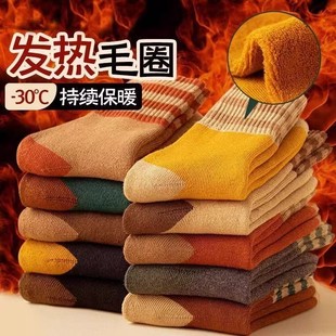 加绒保暖秋冬毛圈中筒袜女日系复古条纹厚袜子居家睡眠袜