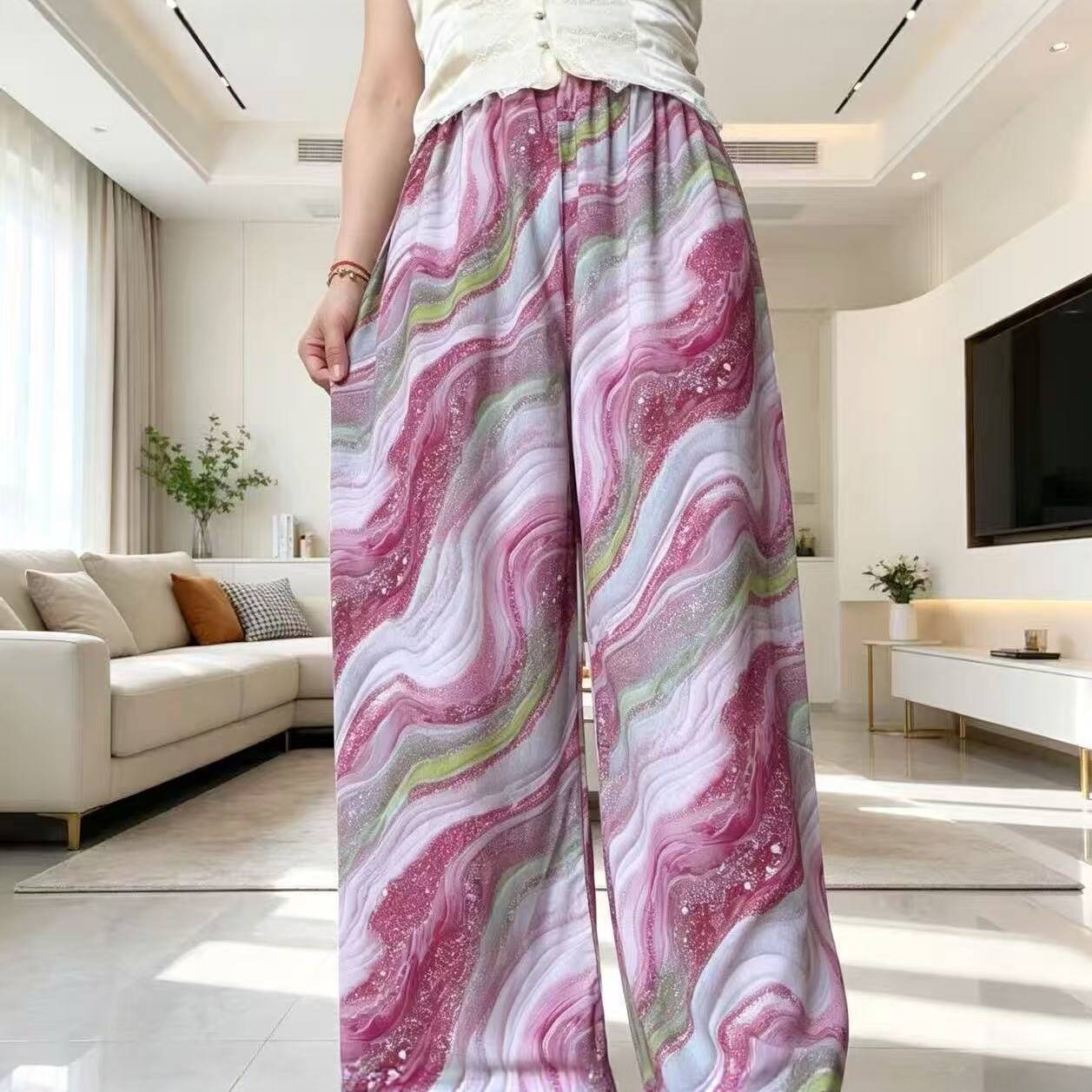 棉绸睡裤女夏人造棉薄款阔腿裤春秋外穿九分长裤子空调防蚊家居裤