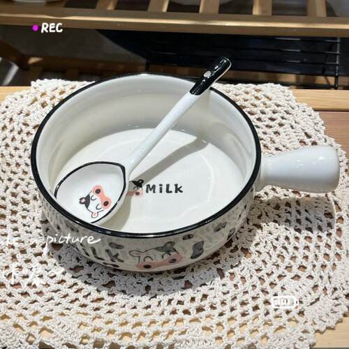 碗家用烤碗奶牛手柄碗创意卡通碗网红可爱碗勺餐具组合陶瓷烤碗u