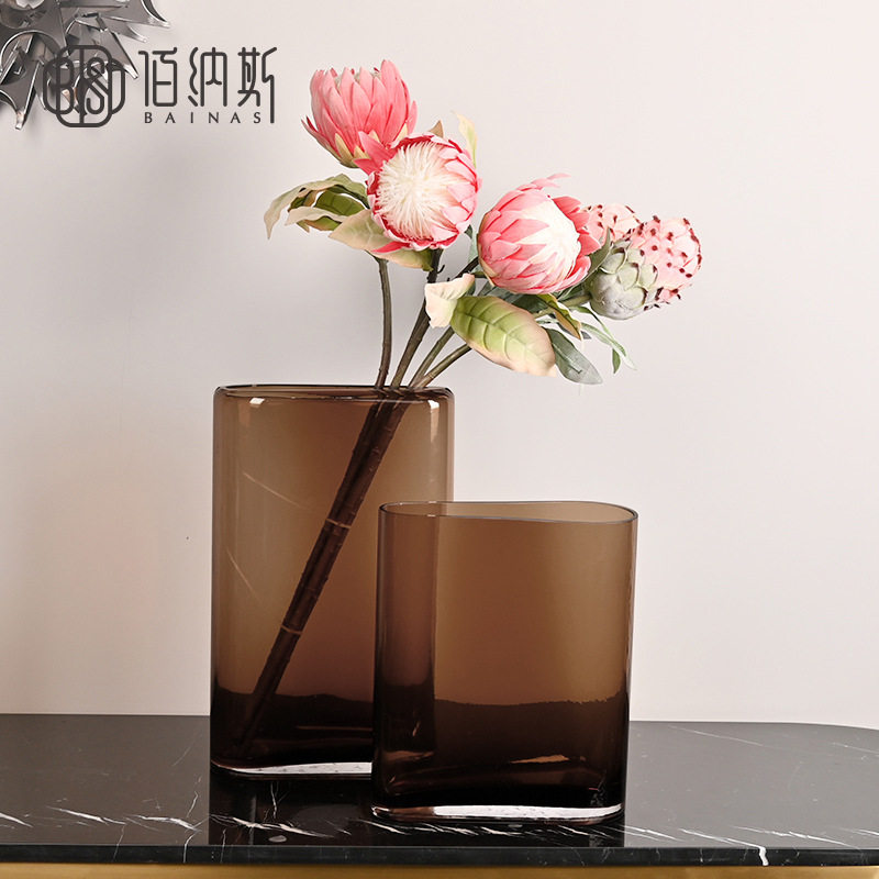 现代美式田园高级厚重玻璃花瓶样板房客厅插干花鲜花家居饰品摆件