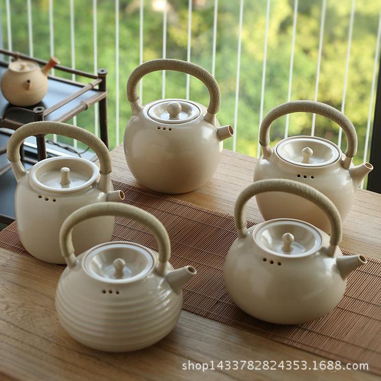 粗陶提梁烧水壶带滤孔煮茶壶白泥大号养生壶陶瓷苏打釉壶电陶炉