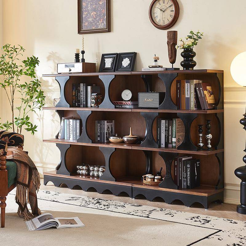 法式复古实木书柜客厅拼色美式陈设展示柜家用书房中古风落地书架