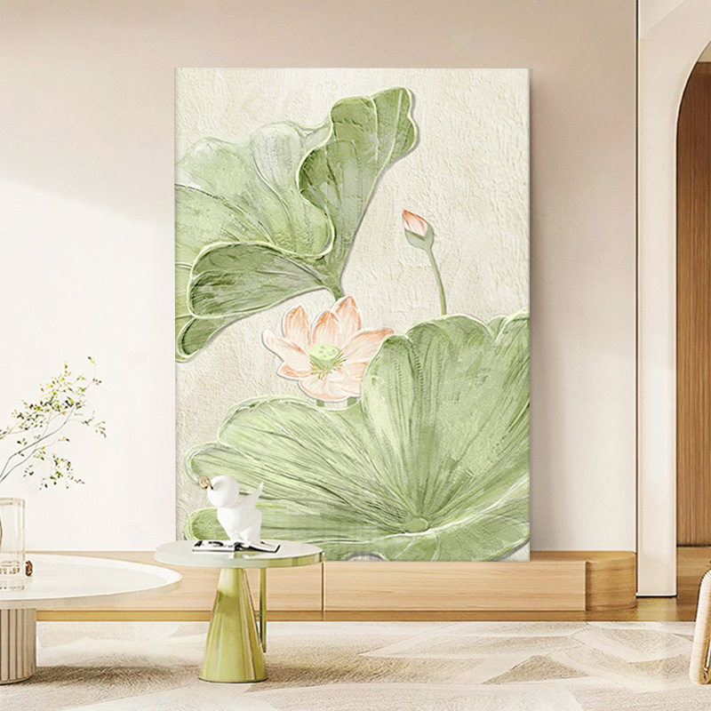 奶油风荷花纯手绘油画入户玄关装饰画客厅抽象荷叶新中式肌理挂画