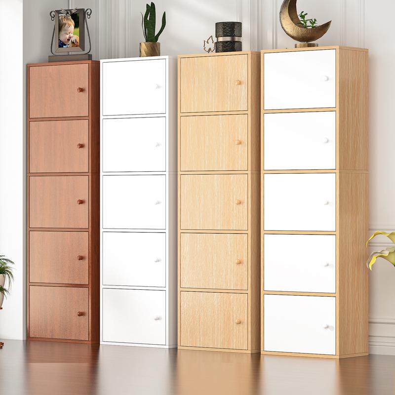 简易带锁书柜书架落地现代简约收纳柜实木色带门组合格子柜储物柜