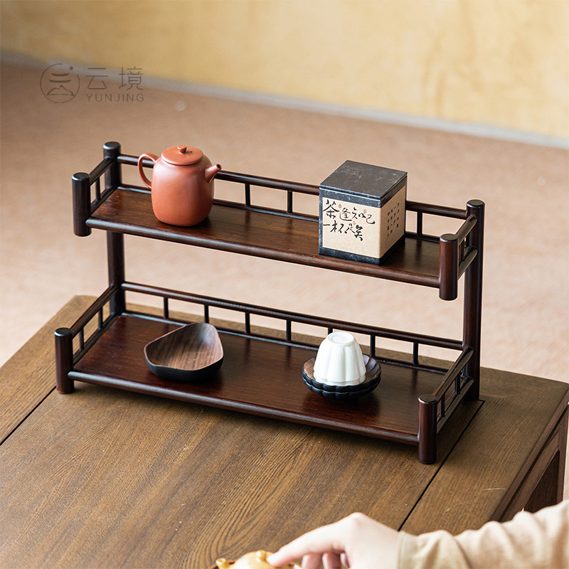 朴风竹制双层茶杯收纳架茶桌茶具置物架子复古多层茶托展示架家用