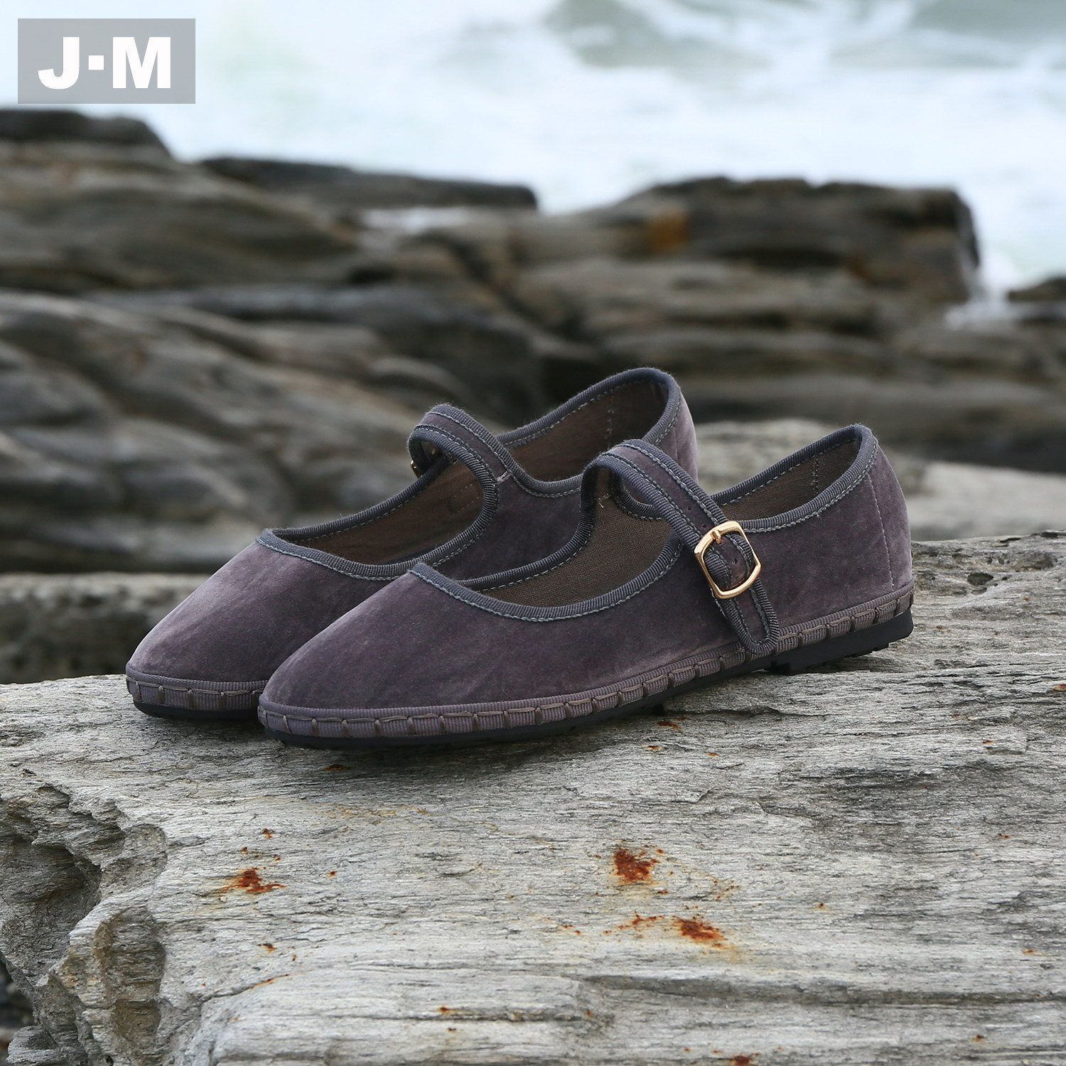 J·M（服装鞋帽）复古丝绒圆头玛丽珍鞋女鞋百搭一字扣带平底单鞋