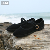 服装 女2026春新品 鞋 J·M 帽 黑色绒面玛丽珍鞋 一字扣带平底单鞋