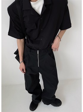 ZINGUP灰色拉链休闲裤男秋季美式高腰宽松高级感直筒阔腿裤子长裤