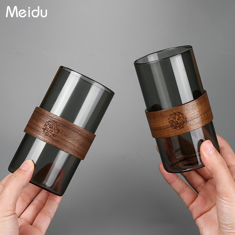 玻璃杯家用套装高硼硅耐高温待客喝水杯子大容量木环防烫茶杯