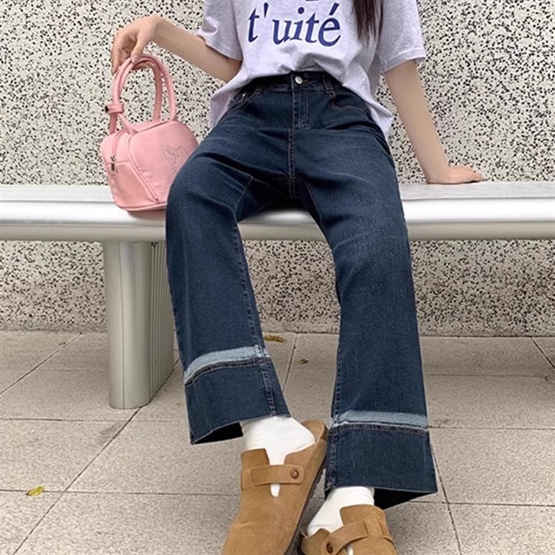 复古拼接阔腿牛仔裤女2024年秋季薄款高腰窄版胖妹妹mm显瘦九分裤