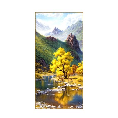 大芬村油画玄关装饰画流水生财山水风景手绘挂画走廊过道壁画竖版