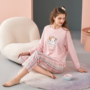 秋露春夏长袖女式睡衣纯棉薄型卡通可爱新套装春秋季户外可穿家装