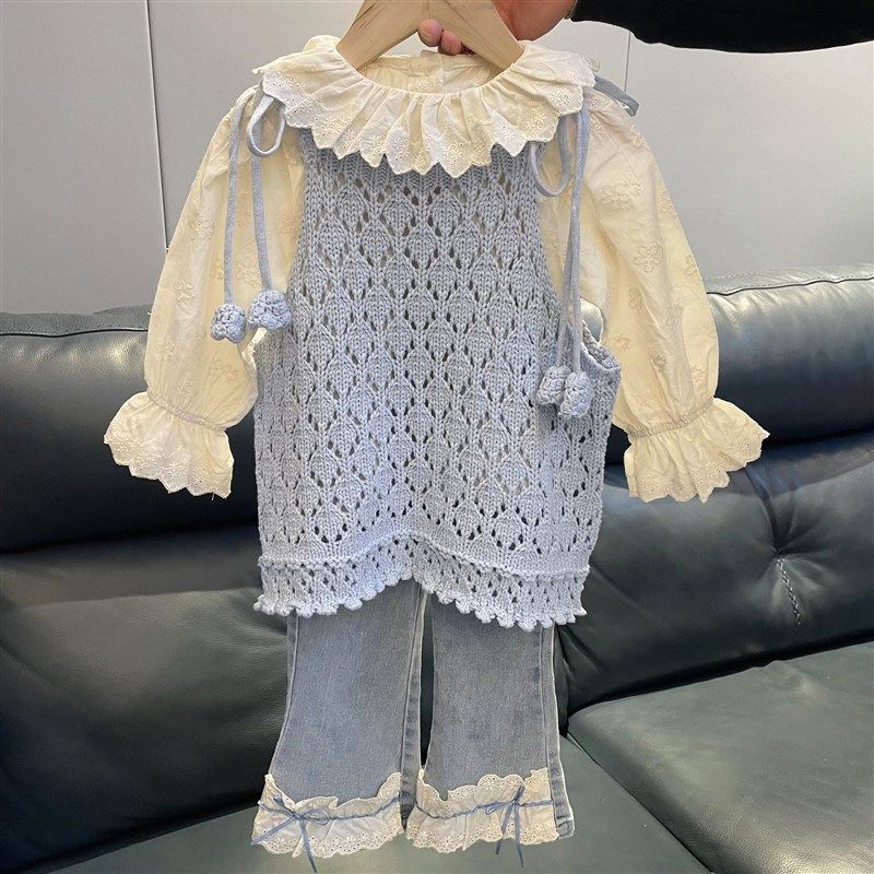 女童洋气针织马甲套装25春女宝蓝色马甲背心娃娃领衬衫蕾丝牛仔裤,童装/婴儿装/亲子装,套装,淘宝优惠券,粉丝福利购,淘宝优惠卷