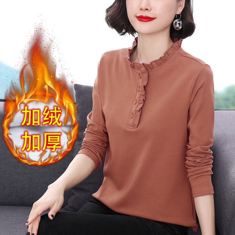 加绒加厚长袖t恤女 外穿衬衫中老年妈妈秋冬装洋气纯棉上衣打底衫