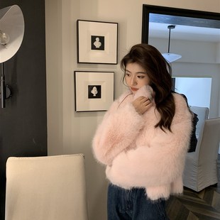 SUSU环保皮草外套女2024新款秋冬短款保暖小个子粉色毛毛方领外套