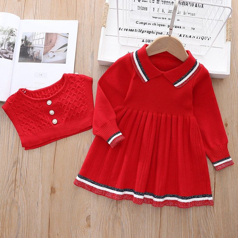 童套装新款女宝宝毛衣连衣裙两件套女童马甲+连衣裙针织毛线裙