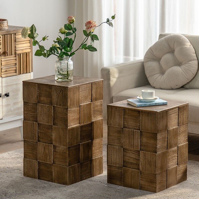 侘寂风复古实木茶几创意收纳角几沙发方形边几民宿摆件树桩小桌子