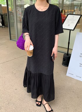 NAZ那子大码2024夏装新款拼接肌理感法式胖mm长款直筒鱼尾连衣裙