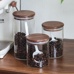 带勺黑胡桃木盖咖啡豆密封罐咖啡粉罐玻璃储物罐厨房家用调味罐