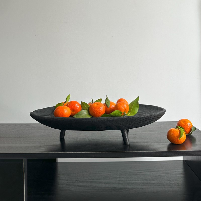 侘寂风三腿木质托盘高档水果盘客厅家用高颜值碳化黑色果盘收纳盘
