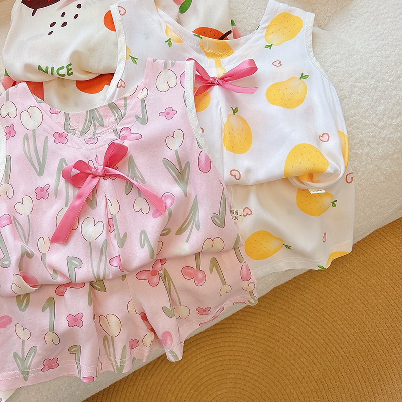 儿童绵绸睡衣薄款夏季套装女童碎花无袖家居服套装空调服两件套潮