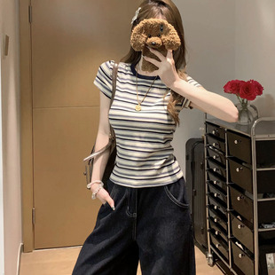 春夏纯圆领蓝色条纹半袖T恤衫女2026新款时尚正肩百搭休闲0210z