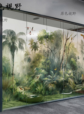 极速绿色植物叶子热带森林树v木墙壁贴纸办公室浴室衣柜门窗户玻