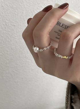 极速韩版银戒指女小众s设计感碎银子珍珠银色简约食指戒指环